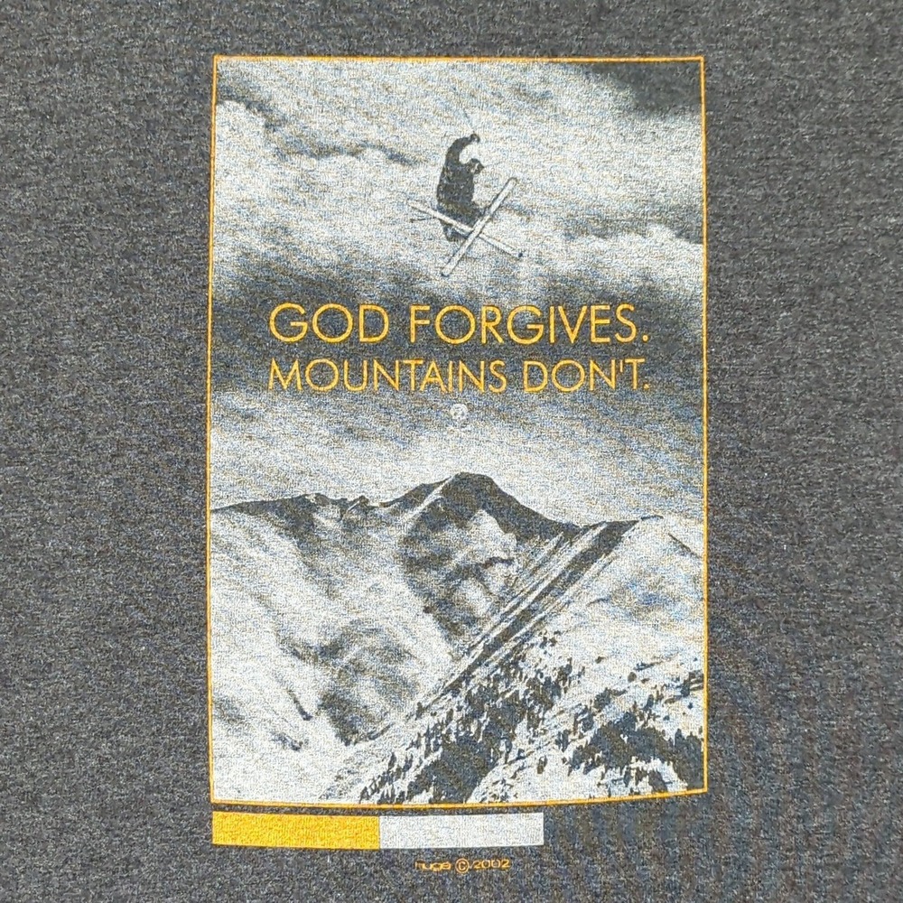 Y2K 2002 Huge Monarch Ski T-Shirt Mens XL Gray God Forgives Mountains Tee‎